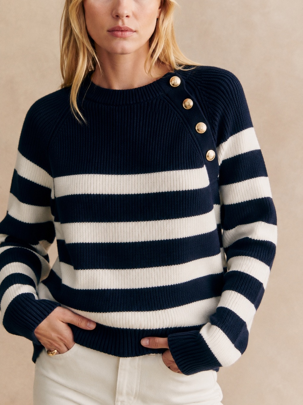 Sezane Gary Jumper Navy Blue Ecru Stripe Size XS Pullover Sweater Cotton‎